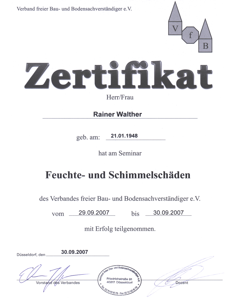 Seminar "Schimmel und Feuchte" - Verband freier Bau- und Bodensachverständiger e.V.